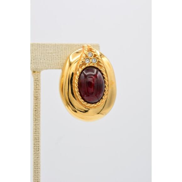 Givenchy Vintage Big Cabochon Clip On Earrings Red Gold Chunky Signed 1980s Bin1 - Picture 7 of 12